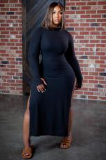 Plus Size Solid Long Sleeve High Split Maxi Dress FNN-8646