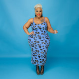 Plus Size Leopard Long Sleeve Crop Top+Sling Maxi Dress 2 Piece Sets OSIF-21402