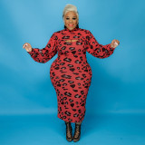 Plus Size Leopard Long Sleeve Crop Top+Sling Maxi Dress 2 Piece Sets OSIF-21402