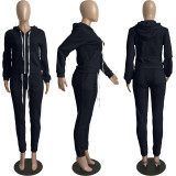 Solid Sports Hooded Zipper Thick 2 Piece Pants Set FSL-F179
