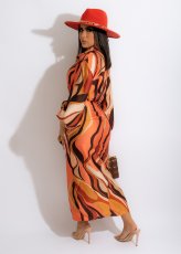 Casual Printed Long Sleeve Sashes Maxi Dress BS-1296