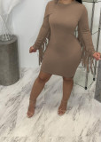 Solid Tassel Long Sleeve Slim Mini Dress MTY-6601