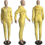Solid Sports Hooded Zipper Thick 2 Piece Pants Set FSL-F179