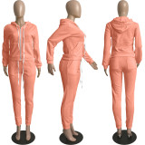 Solid Sports Hooded Zipper Thick 2 Piece Pants Set FSL-F179