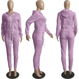 Solid Sports Hooded Zipper Thick 2 Piece Pants Set FSL-F179