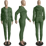 Solid Sports Hooded Zipper Thick 2 Piece Pants Set FSL-F179