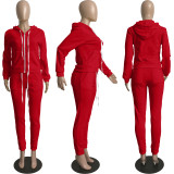 Solid Sports Hooded Zipper Thick 2 Piece Pants Set FSL-F179