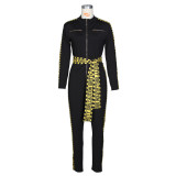 Letter Print Patchwork Zipper Sashes Jumpsuit ZSD-0500
