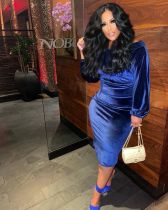 Plus Size Velour Slash Neck Long Sleeve Midi Dress BMF-087