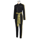 Letter Print Patchwork Zipper Sashes Jumpsuit ZSD-0500