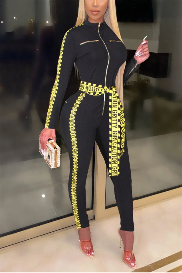 Letter Print Patchwork Zipper Sashes Jumpsuit ZSD-0500