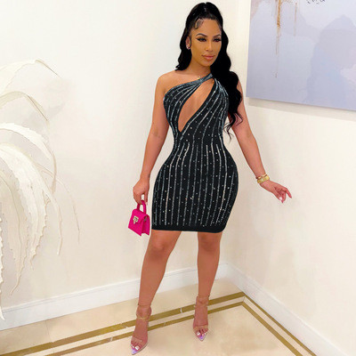 Sexy Hot Drilling One Shoulder Sleeveless Club Dress FSXF-F326