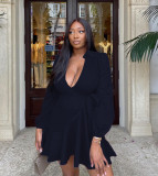Plus Size Solid V Neck Long Sleeve Sashes Mini Dress ZDF-31176