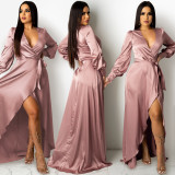Sexy V Neck Long Sleeve Split Maxi Dress BY-5373