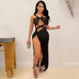 Sexy Mesh Hot Drilling Hollow Bandage Split Long Club Dress BY-5349