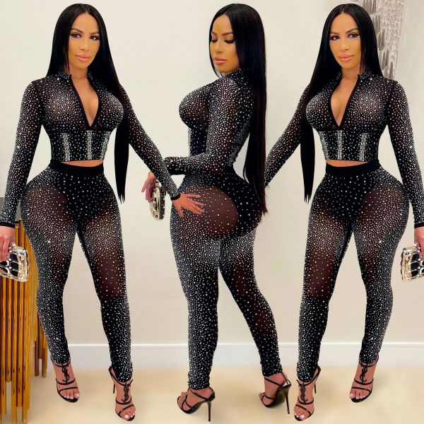 Sexy Hot Drilling See Through Long Sleeve 2 Piece Sets BY-5206