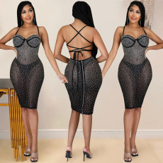 Sexy Hot Drilling Cross Strap Night Club Dress (Without Underpants) BY-5313