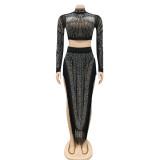 Hot Drilling Tassel Mesh Long Sleeve Maxi Skirt 2 Piece Sets BY-5372