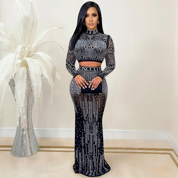 Hot Drilling Mesh Long Sleeve Maxi Skirt 2 Piece Suits BY-5379