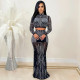 Hot Drilling Mesh Long Sleeve Maxi Skirt 2 Piece Suits BY-5379
