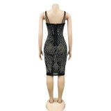 Sexy Hot Drilling Mesh Spaghetti Strap Night Club Dress BY-5380