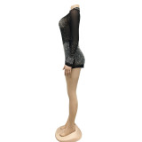 Sexy Hot Drilling See Through Long Sleeve Romper (With Underpants)BY-5165