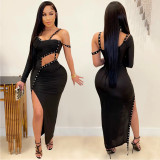 Sexy One Shoulder Hollow Irregular Split Maxi Dress BY-5054