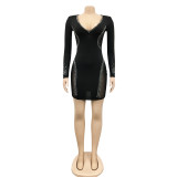Sexy Hot Drilling V Neck Long Sleeve Club Dress BY-5337