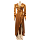 Sexy V Neck Long Sleeve Split Maxi Dress BY-5373