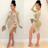 Sexy Mesh Hot Drilling Hollow Split Night Club Dress (With Underpants) BY-5207