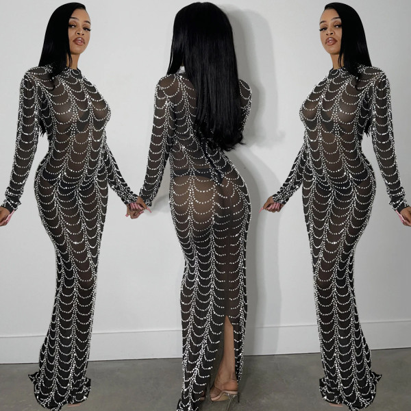 Hot Drilling Mesh Sexy Long Club Dress BY-5351
