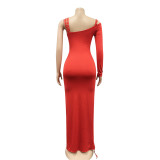 Sexy One Shoulder Hollow Irregular Split Maxi Dress BY-5054