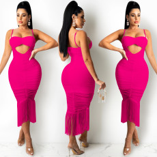 Sexy Solid Tassel Ruched Spaghetti Strap Midi Dress BY-5225