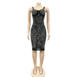 Sexy Hot Drilling Mesh Spaghetti Strap Night Club Dress BY-5380