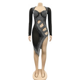 Sexy Mesh Hot Drilling Hollow Split Night Club Dress (With Underpants) BY-5207