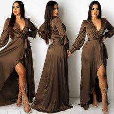 Sexy V Neck Long Sleeve Split Maxi Dress BY-5373