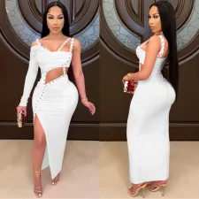 Sexy One Shoulder Hollow Irregular Split Maxi Dress BY-5054