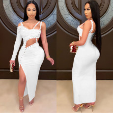 Sexy One Shoulder Hollow Irregular Split Maxi Dress BY-5054