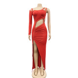 Sexy One Shoulder Hollow Irregular Split Maxi Dress BY-5054
