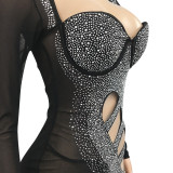 Sexy Mesh Hot Drilling Hollow Split Night Club Dress (With Underpants) BY-5207