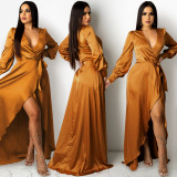 Sexy V Neck Long Sleeve Split Maxi Dress BY-5373