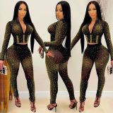 Sexy Hot Drilling See Through Long Sleeve 2 Piece Sets BY-5206