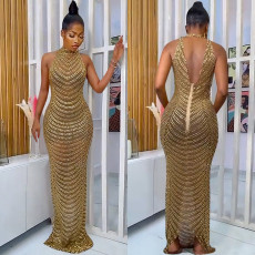 Sexy Hot Drilling See Through Backless Club Maxi Dress BY-5259