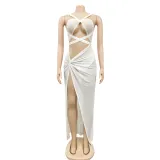 Sexy Mesh Hot Drilling Hollow Bandage Split Long Club Dress BY-5349
