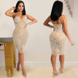 Sexy Hot Drilling Mesh Spaghetti Strap Night Club Dress BY-5380