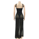Sexy Mesh Hot Drilling Hollow Bandage Split Long Club Dress BY-5349