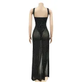 Sexy Mesh Hot Drilling Hollow Bandage Split Long Club Dress BY-5349