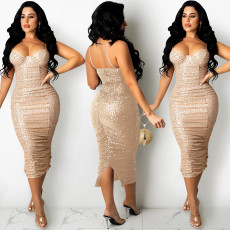 Sexy Sequins Spaghetti Strap Split Club Dress BY-5387