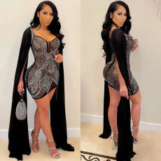 Sexy Hor Drilling Cloak Sleeve Club Dress BY-5332