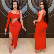 Sexy One Shoulder Hollow Irregular Split Maxi Dress BY-5054